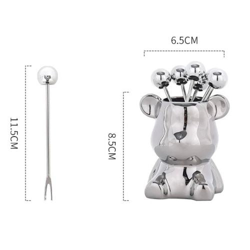 1 Set Stainless Steel Fruit Fork Ceramic Bear Base