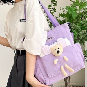 Purple Canvas Tote Bag with Teddy Bear Decoration