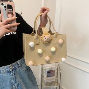 Beige Felt Tote Bag with Pom-Poms