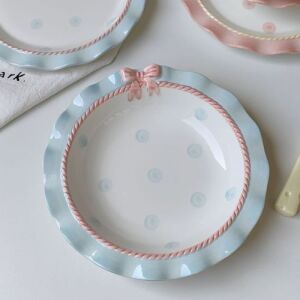 Cute Pastel Ribbon Polka Dots Ceramics Plate 8 inch Blue&Pink