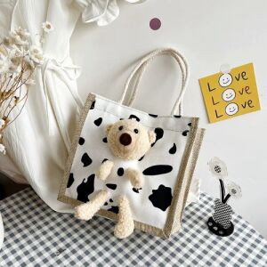 Cute Casual Bear Tote Bag - White Cow Pattern