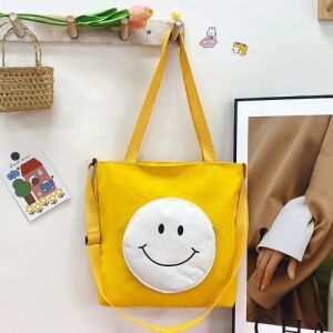 Yellow Canvas Tote Bag with Smiley Face Design