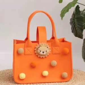 Orange Felt Tote Bag with Pom-Poms