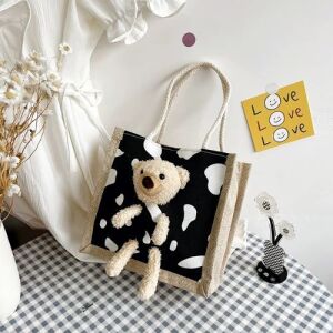 Cute Casual Bear Tote Bag - Black Cow Pattern