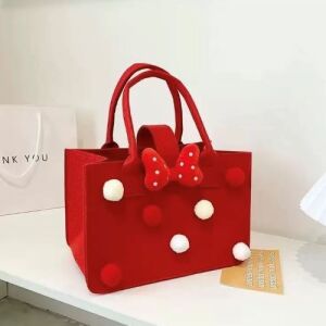 Red Felt Tote Bag with Pom-Poms