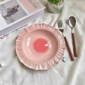 Cute Blush Gradient Ceramic Plate with Ruffled Edges - Pink