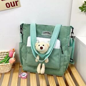 Sage Green Canvas Tote Bag with Teddy Bear Decoration