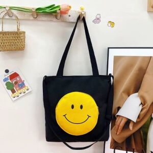 Black Canvas Tote Bag with Smiley Face Design