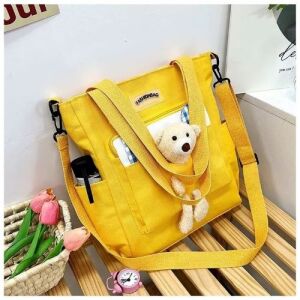 Yelow Canvas Tote Bag with Teddy Bear Decoration