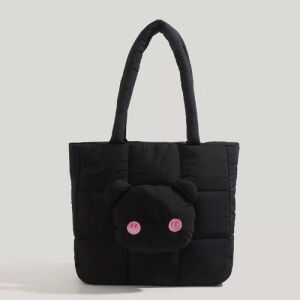 Cute Bear Applique Quilted Nylon Tote Bag - Black