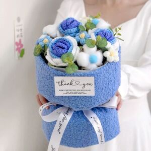 Realistic Crochet Flower Bouquet with Fleece Wrapping Blue