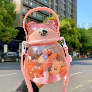 Cute Bear Straw Bottle with Carrying Strap - Pink 1300ml