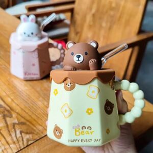 Cute Bear Lid with Beaded Handle & Straw Cup