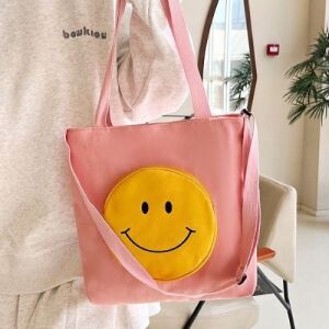 Pink Canvas Tote Bag with Smiley Face Design