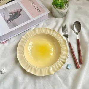 Cute Blush Gradient Ceramic Plate with Ruffled Edges - Yellow