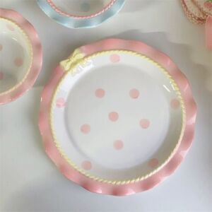 Cute Pastel Ribbon Polka Dots Ceramics Plate 8 inch Pink&Yellow