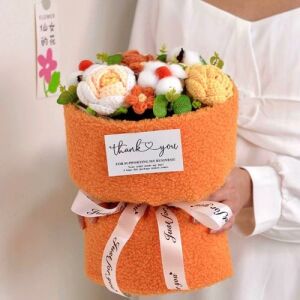 Realistic Crochet Flower Bouquet with Fleece Wrapping Orange