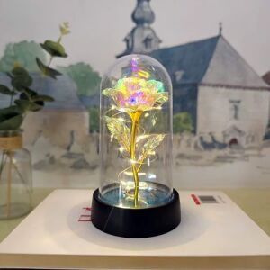 Crystal Galaxy Rose in Plastic Dome with LED Light - White (S)