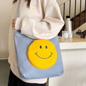 Blue Canvas Tote Bag with Smiley Face Design