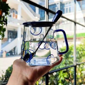 Transparent Glass Cup with Spoon - Cobalt Blue