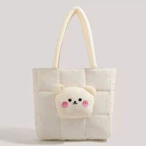 Cute Bear Applique Quilted Nylon Tote Bag - White