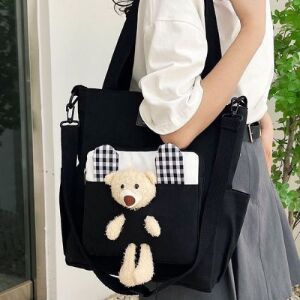 Black Canvas Tote Bag with Teddy Bear Decoration