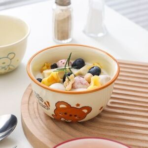 Bear Print Pattern Ceramic Bowl 360ml - Beige