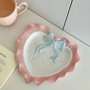 Cute Pastel Bow Heart Plates - Pink