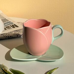 Pink Tulip Ceramic Mug with Leaf Plate (Tall)