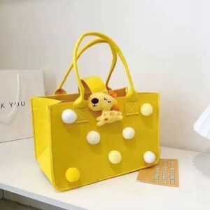 Yellow Felt Tote Bag with Pom-Poms