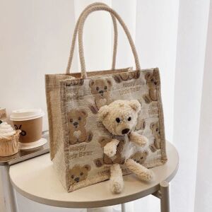 Cute Casual Bear Tote Bag -Beige Bear Pattern