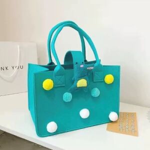 Cyan Blue Felt Tote Bag with Pom-Poms