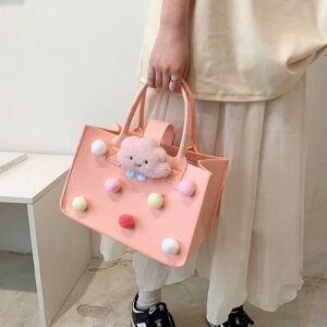 Pink Felt Tote Bag with Pom-Poms