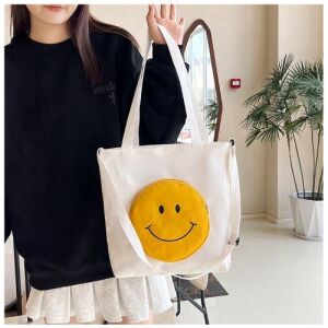 Whiite Canvas Tote Bag with Smiley Face Design