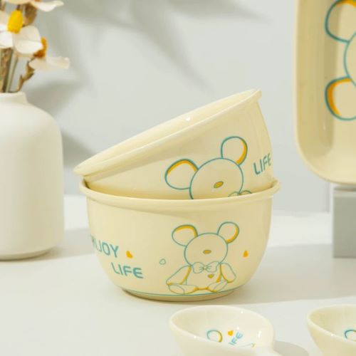 Bear Line Print Pattern Ceramic Bowl 400ml - Beige