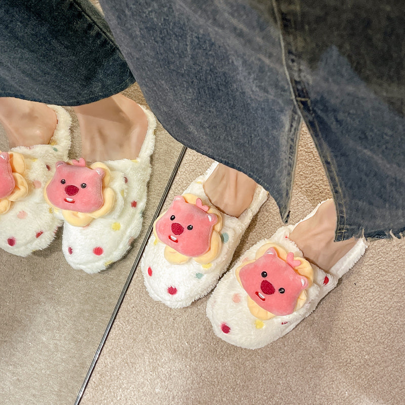 Fuzzy White Slippers with Colorful Dots - Loopy