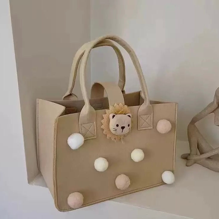 Beige Felt Tote Bag with Pom-Poms