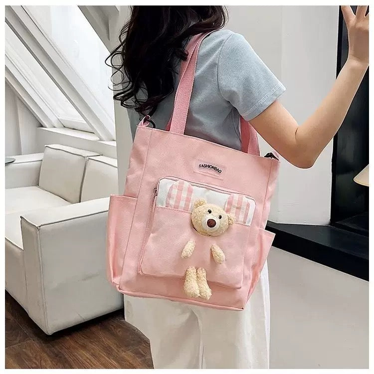 Pink Canvas Tote Bag with Teddy Bear Decoration