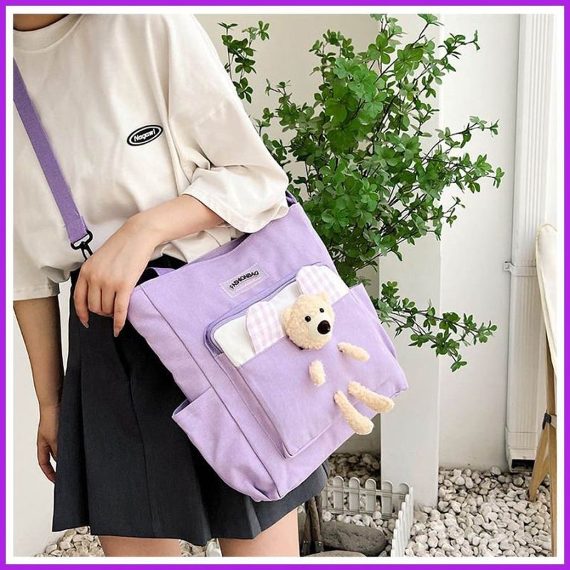 Purple Canvas Tote Bag with Teddy Bear Decoration