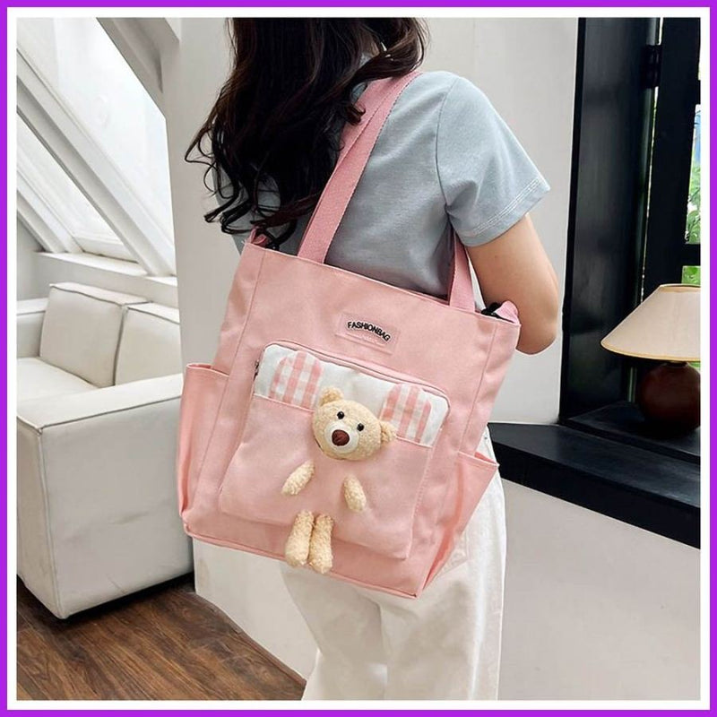 Pink Canvas Tote Bag with Teddy Bear Decoration