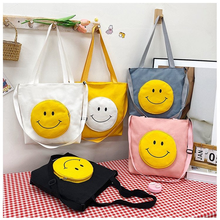 Yellow Canvas Tote Bag with Smiley Face Design