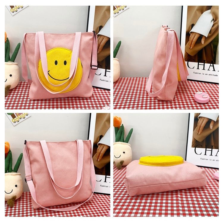 Pink Canvas Tote Bag with Smiley Face Design