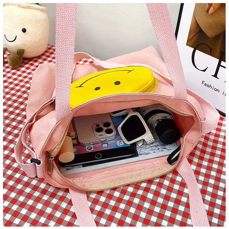 Pink Canvas Tote Bag with Smiley Face Design