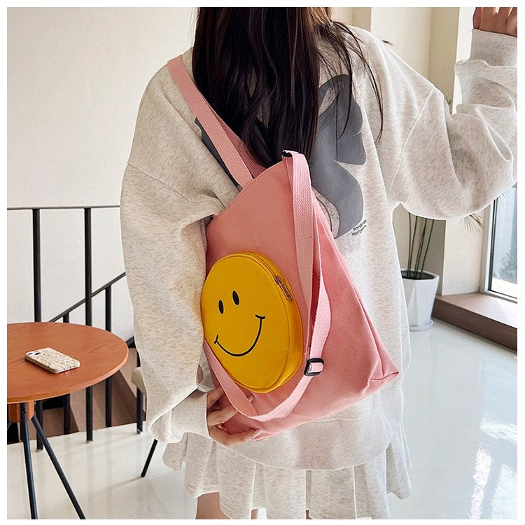 Pink Canvas Tote Bag with Smiley Face Design