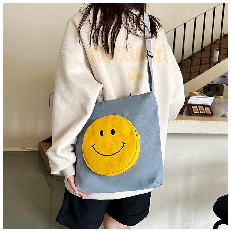 Blue Canvas Tote Bag with Smiley Face Design