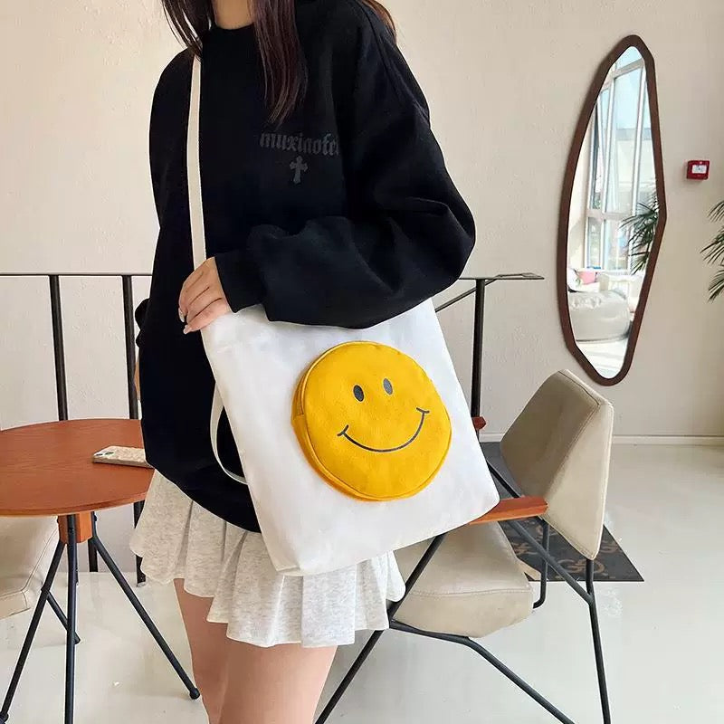 Whiite Canvas Tote Bag with Smiley Face Design