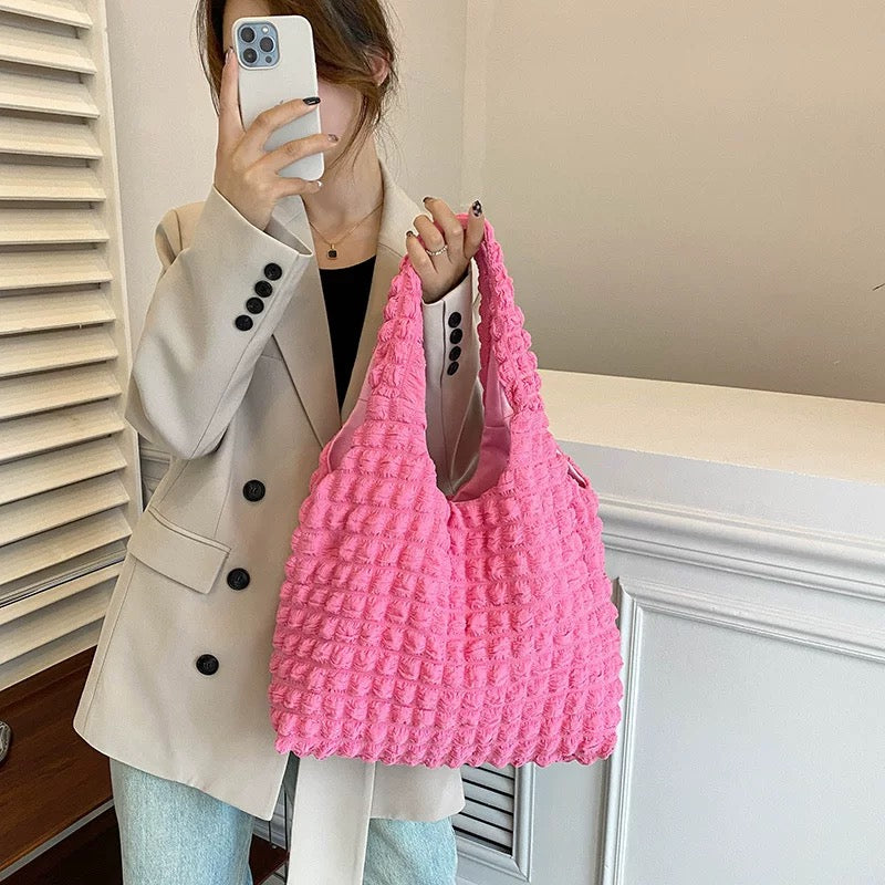 Bubble Quilted Tote Bag - Bright Pink