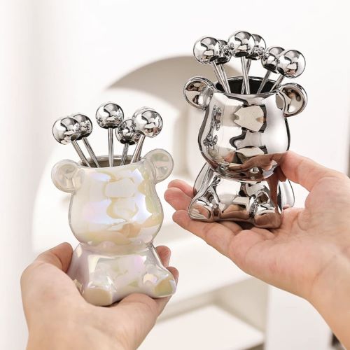 1 Set Stainless Steel Fruit Fork Ceramic Bear Base