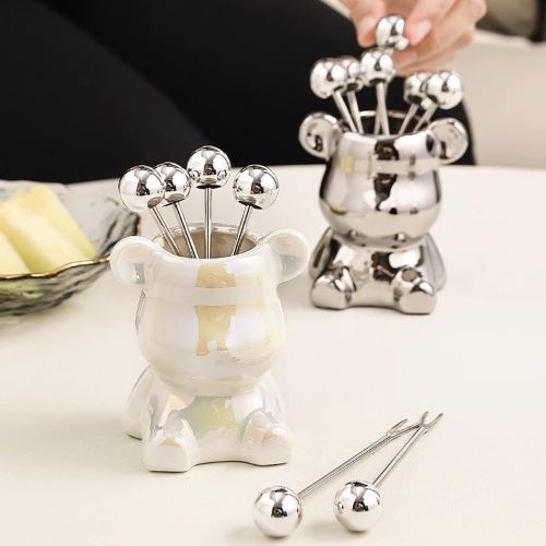 1 Set Fruit Fork Stainless Steel Bear Base