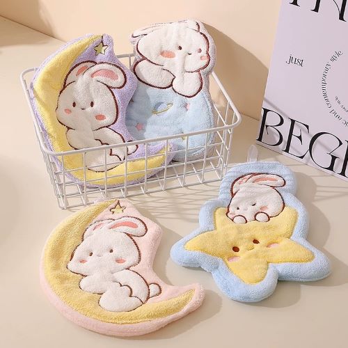 Cute Bunny Cartoon Soft Hanging Hand Towel - Star Blue